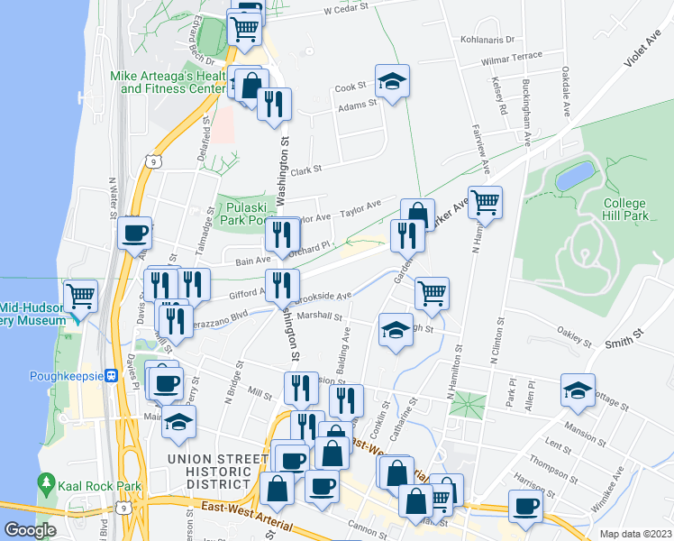 map of restaurants, bars, coffee shops, grocery stores, and more near 34 Parker Avenue in Poughkeepsie