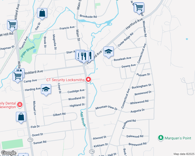 map of restaurants, bars, coffee shops, grocery stores, and more near 34 Millbrook Court in Newington