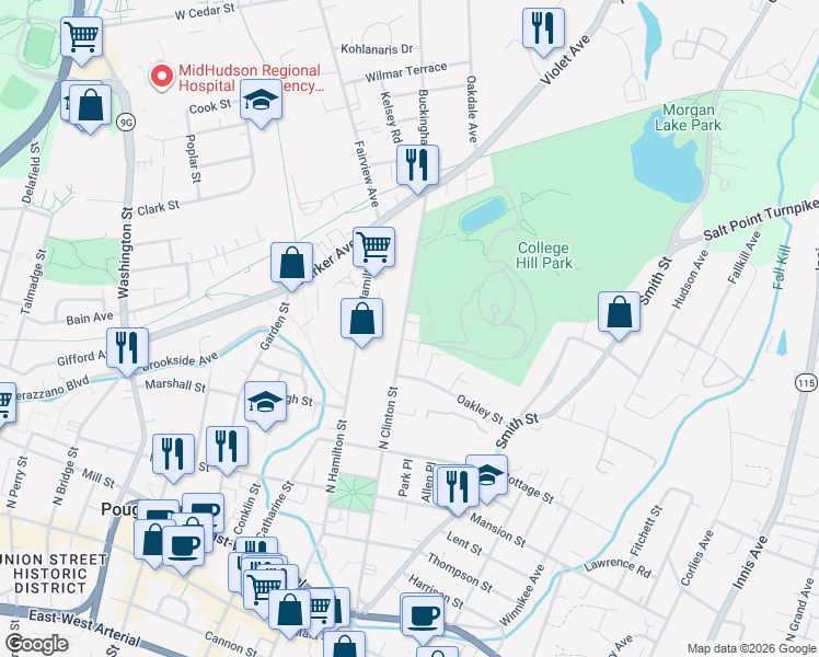 map of restaurants, bars, coffee shops, grocery stores, and more near 145 North Clinton Street in Poughkeepsie