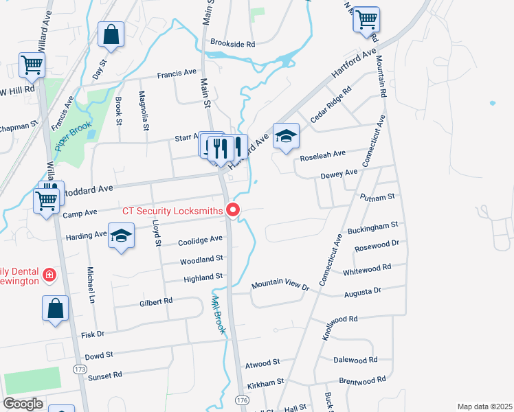 map of restaurants, bars, coffee shops, grocery stores, and more near 34 Millbrook Court in Newington