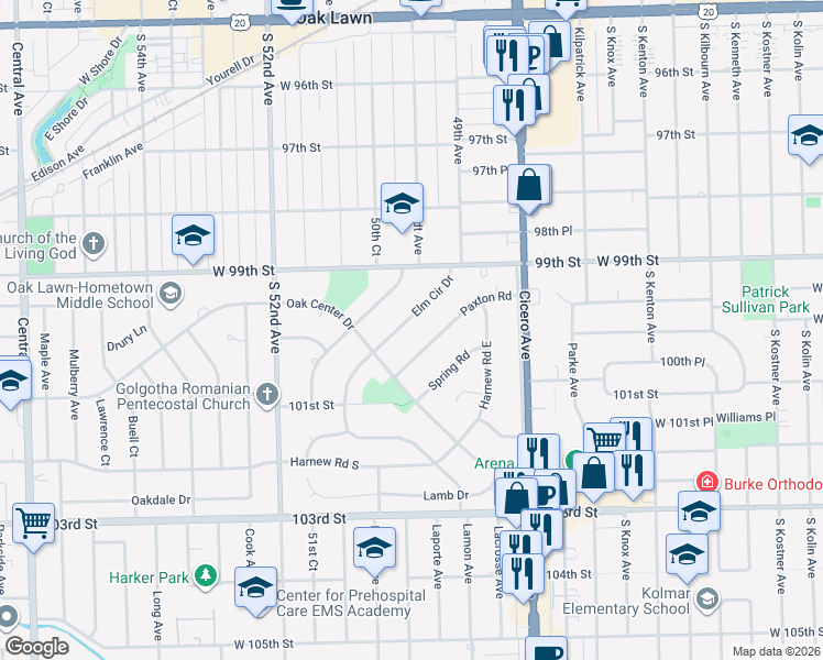 map of restaurants, bars, coffee shops, grocery stores, and more near 9973 Elm Circle Drive in Oak Lawn