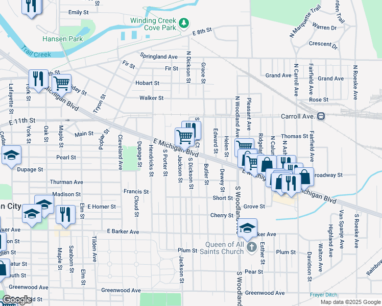 map of restaurants, bars, coffee shops, grocery stores, and more near 1601 E Michigan Blvd in Michigan City