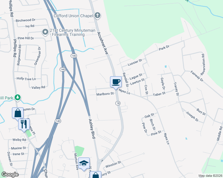 map of restaurants, bars, coffee shops, grocery stores, and more near 1013 Marlborough Street in New Bedford