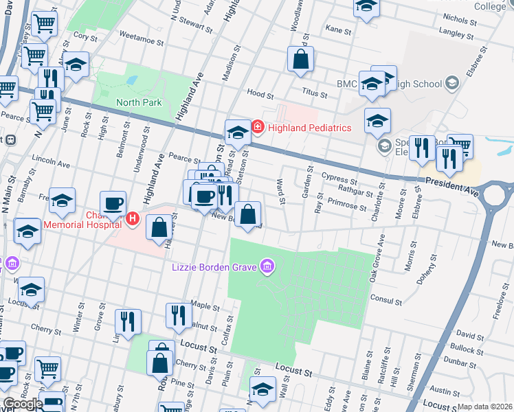 map of restaurants, bars, coffee shops, grocery stores, and more near 27 Farnham Street in Fall River