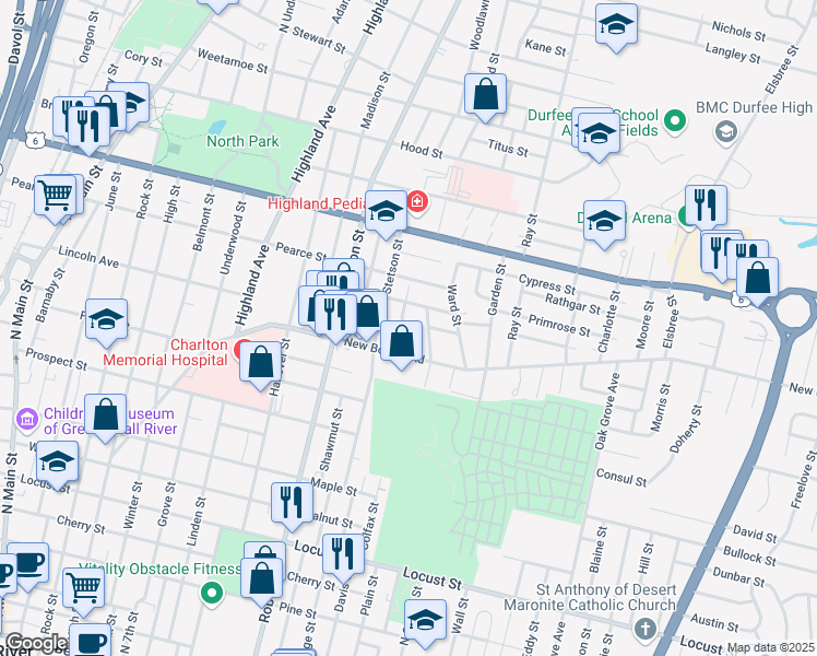 map of restaurants, bars, coffee shops, grocery stores, and more near 27 Farnham Street in Fall River