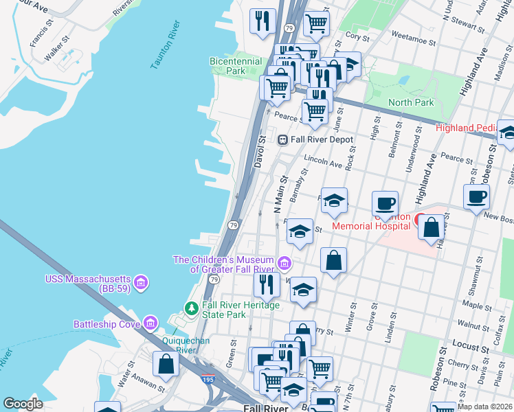 map of restaurants, bars, coffee shops, grocery stores, and more near 579 Durfee Street in Fall River