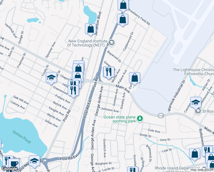 map of restaurants, bars, coffee shops, grocery stores, and more near 16 Greenfield Avenue in Warwick