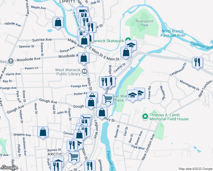 map of restaurants, bars, coffee shops, grocery stores, and more near 63 Providence Street in West Warwick