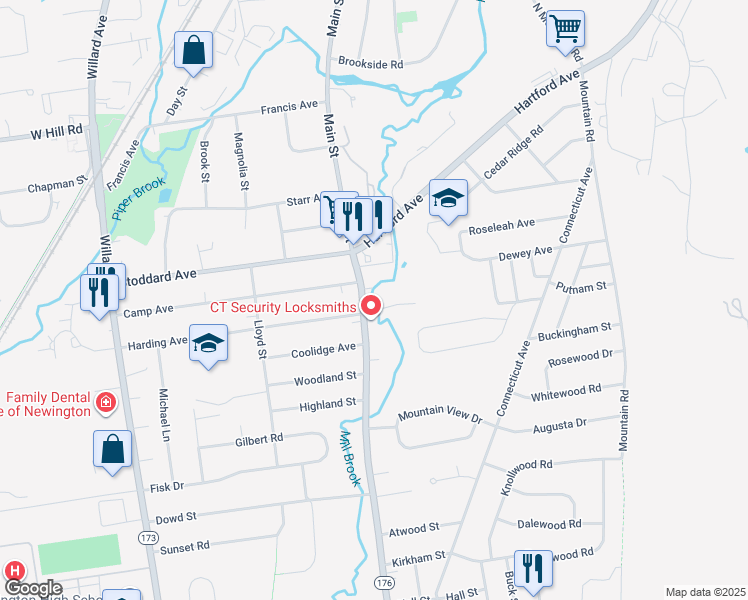 map of restaurants, bars, coffee shops, grocery stores, and more near 339 Main Street in Newington