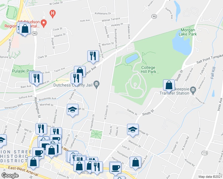 map of restaurants, bars, coffee shops, grocery stores, and more near 145 North Clinton Street in Poughkeepsie