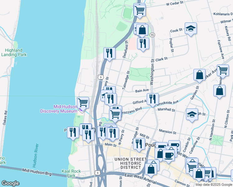 map of restaurants, bars, coffee shops, grocery stores, and more near 22 Delafield Street in Poughkeepsie
