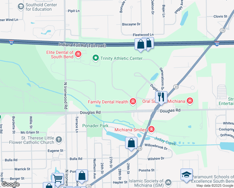 map of restaurants, bars, coffee shops, grocery stores, and more near 17650 Generations Drive in South Bend