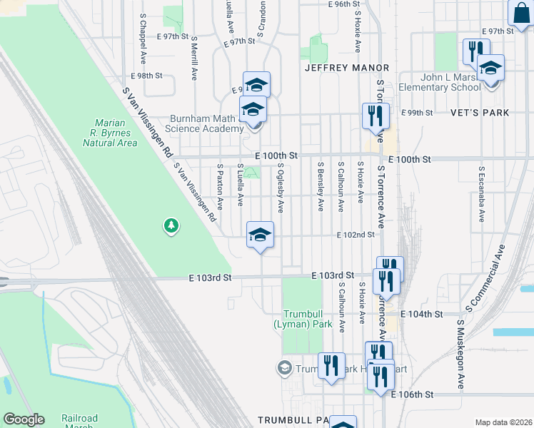 map of restaurants, bars, coffee shops, grocery stores, and more near 10144 South Crandon Avenue in Chicago