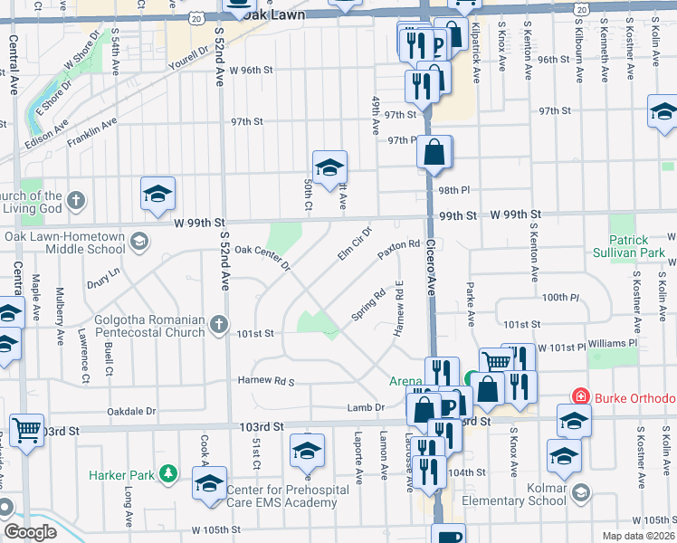 map of restaurants, bars, coffee shops, grocery stores, and more near 9973 Elm Circle Drive in Oak Lawn