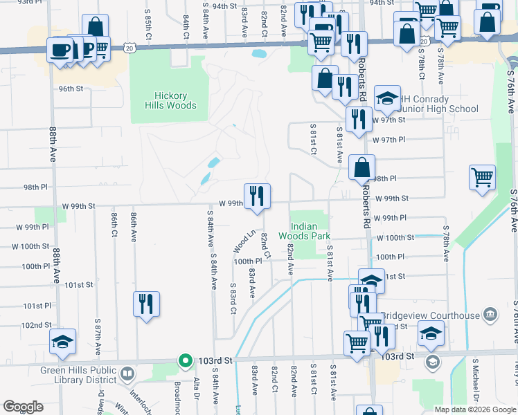 map of restaurants, bars, coffee shops, grocery stores, and more near 8351 99th Street in Palos Hills