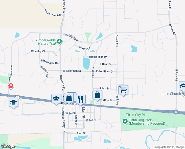 map of restaurants, bars, coffee shops, grocery stores, and more near 573 Potter Street in Tiffin