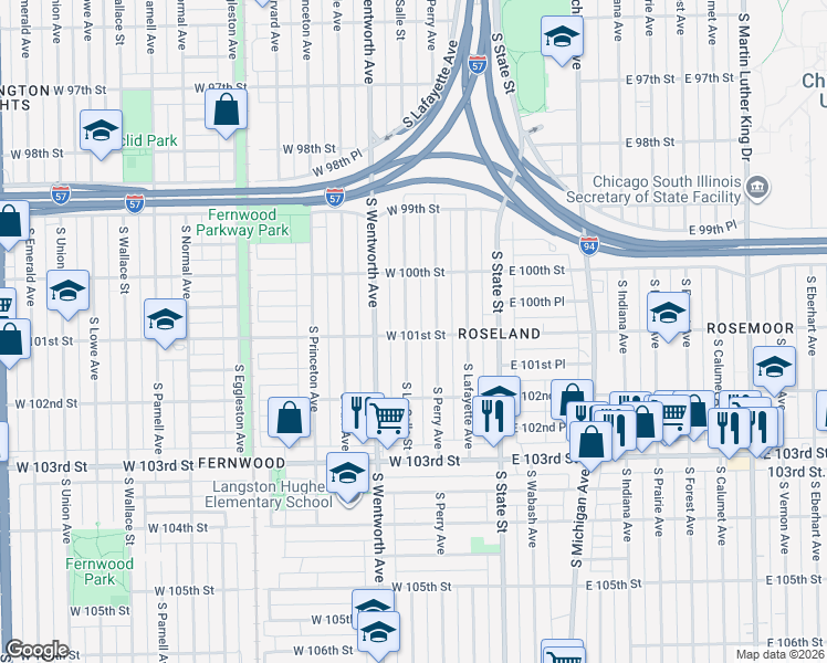 map of restaurants, bars, coffee shops, grocery stores, and more near 10105 South La Salle Street in Chicago