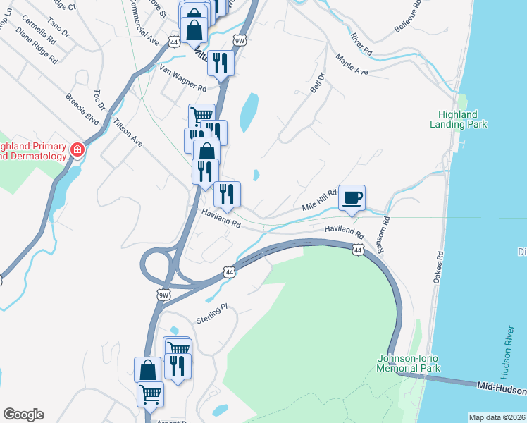 map of restaurants, bars, coffee shops, grocery stores, and more near 25 Mile Hill Road in Highland