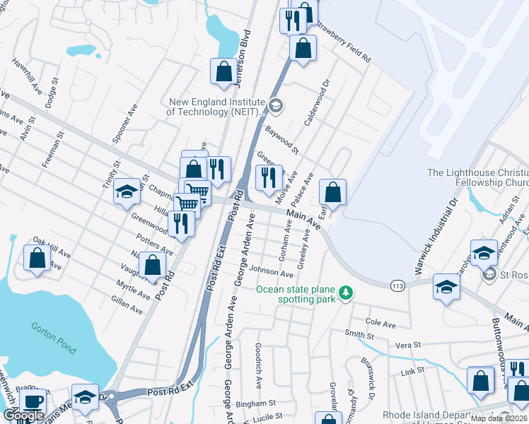 map of restaurants, bars, coffee shops, grocery stores, and more near 16 Greenfield Avenue in Warwick