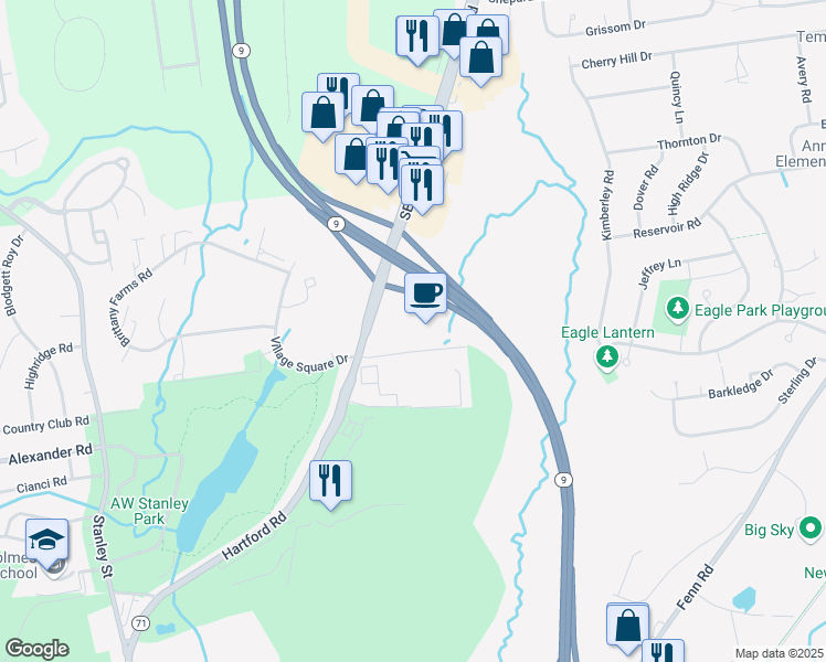 map of restaurants, bars, coffee shops, grocery stores, and more near 475 Hartford Road in New Britain