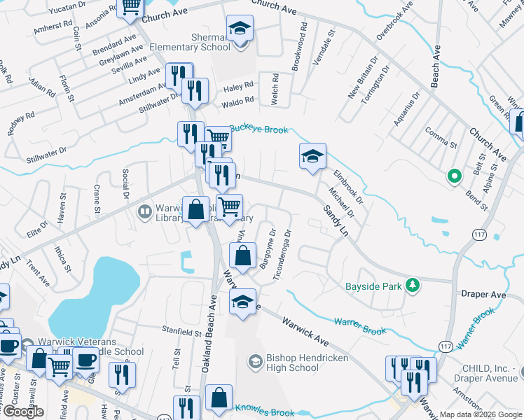 map of restaurants, bars, coffee shops, grocery stores, and more near 11 Montcalm Road in Warwick