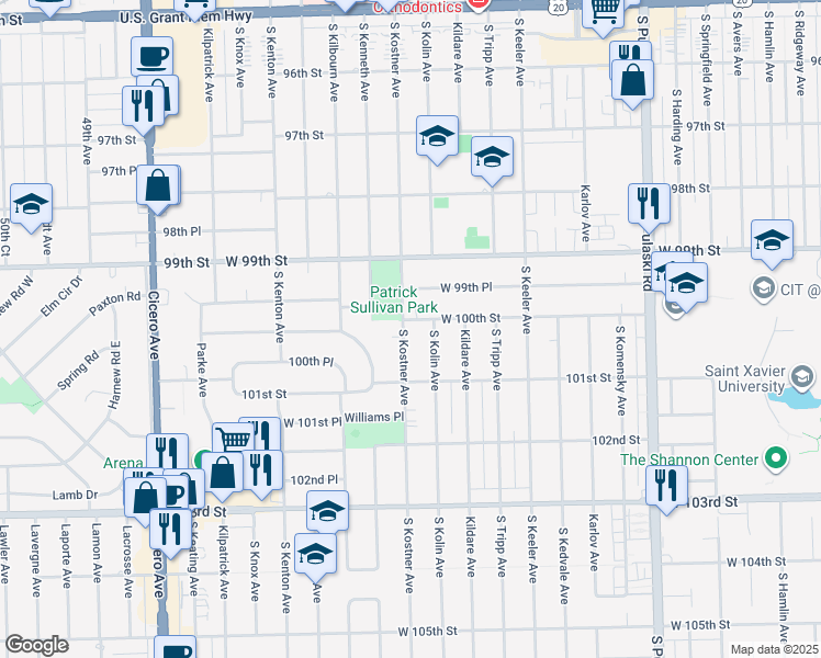 map of restaurants, bars, coffee shops, grocery stores, and more near 10005 South Kostner Avenue in Oak Lawn