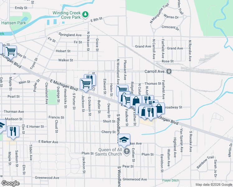 map of restaurants, bars, coffee shops, grocery stores, and more near 1906 East Michigan Boulevard in Michigan City