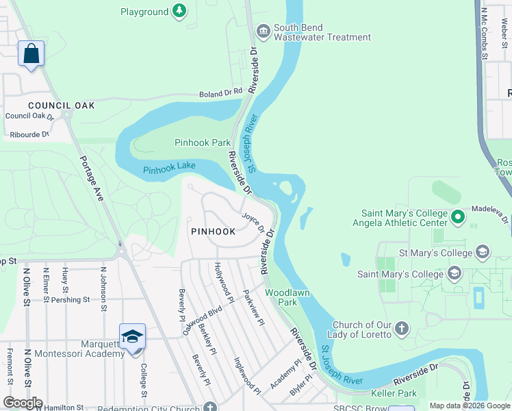 map of restaurants, bars, coffee shops, grocery stores, and more near 1235 Joyce Drive in South Bend