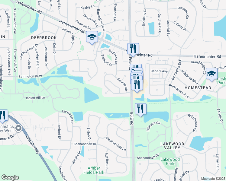 map of restaurants, bars, coffee shops, grocery stores, and more near 2338 Sunrise Circle in Aurora