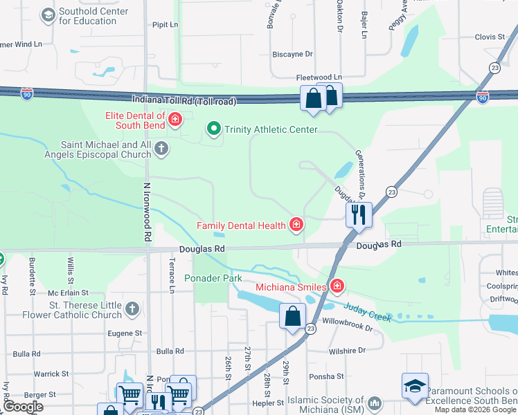 map of restaurants, bars, coffee shops, grocery stores, and more near 17650 Generations Drive in South Bend