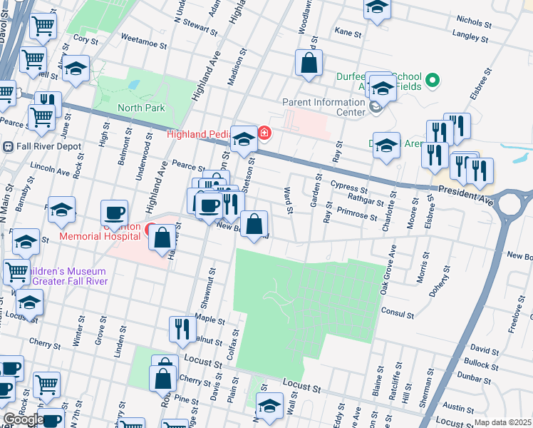 map of restaurants, bars, coffee shops, grocery stores, and more near 27 Farnham Street in Fall River