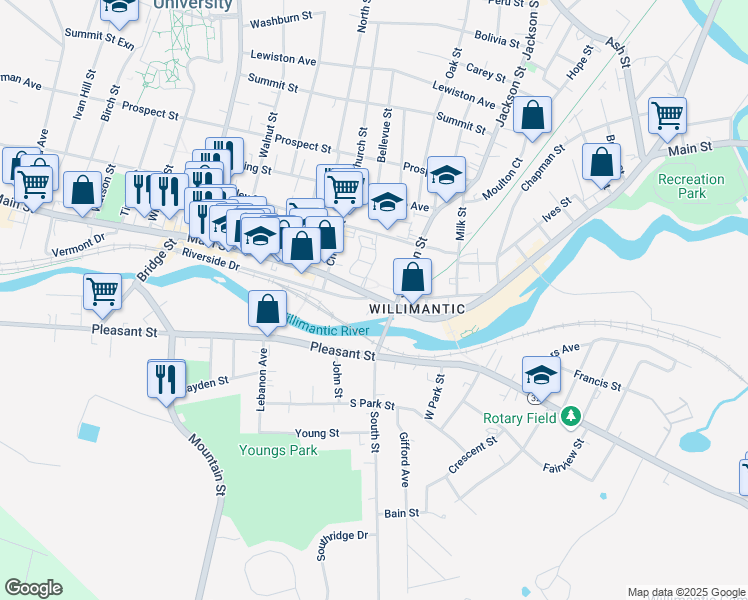 map of restaurants, bars, coffee shops, grocery stores, and more near 600 Main Street in Windham