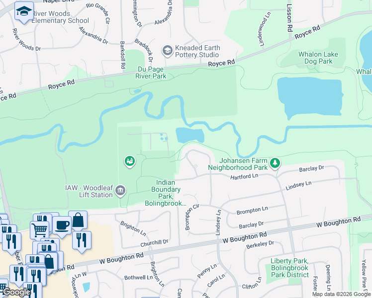 map of restaurants, bars, coffee shops, grocery stores, and more near 533 Springwood Lane in Bolingbrook