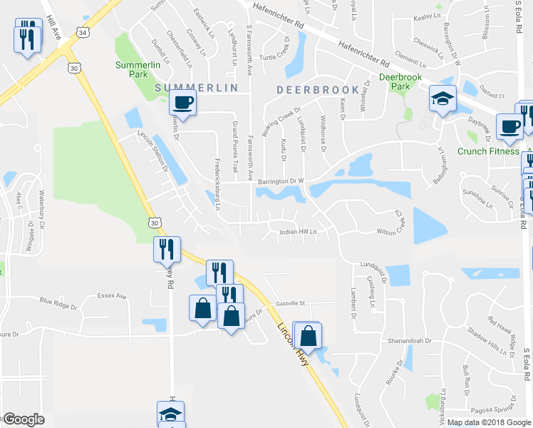 map of restaurants, bars, coffee shops, grocery stores, and more near 1800 Fredericksburg Lane in Aurora
