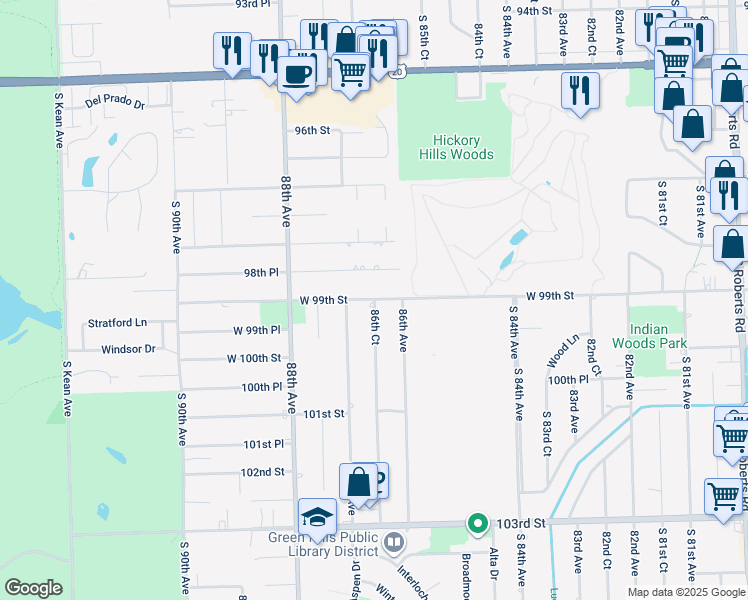 map of restaurants, bars, coffee shops, grocery stores, and more near 99th Street & 86th Court in Palos Hills