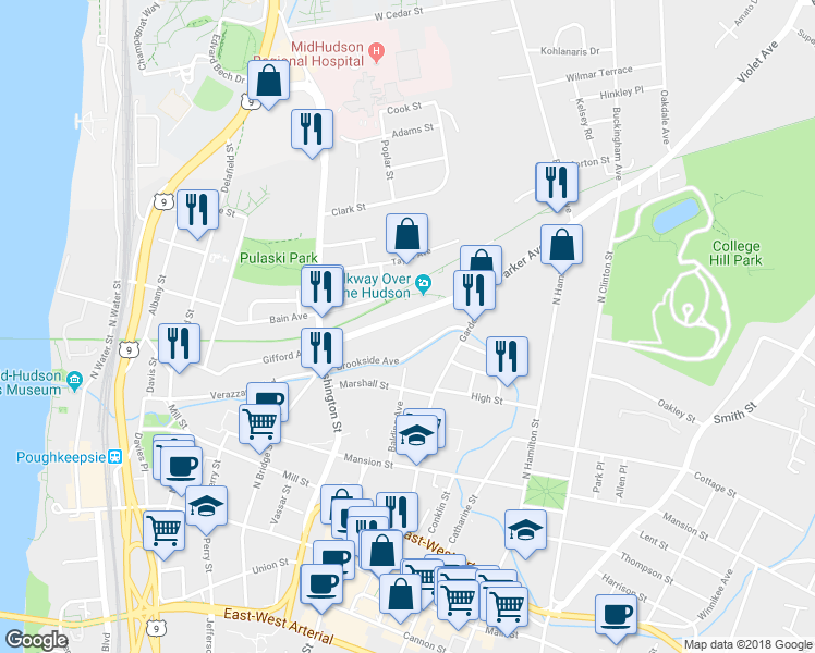 map of restaurants, bars, coffee shops, grocery stores, and more near 46 Parker Avenue in Poughkeepsie
