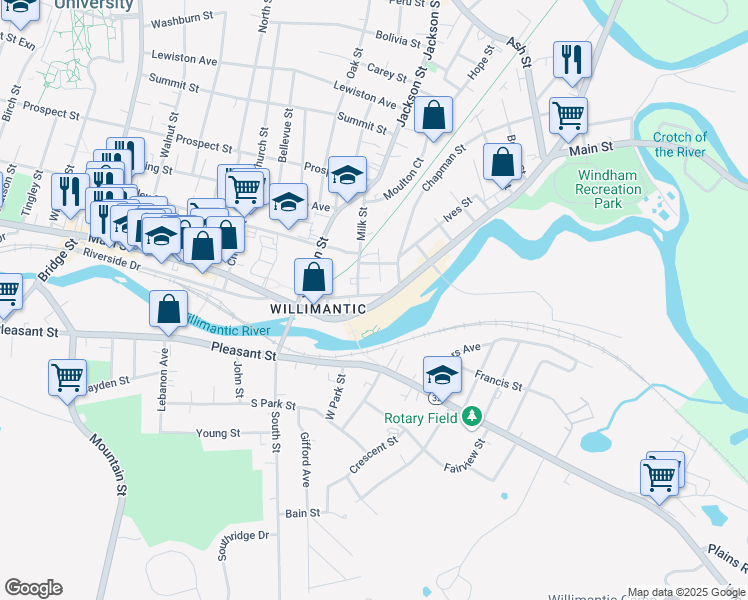 map of restaurants, bars, coffee shops, grocery stores, and more near 411 Main Street in Windham