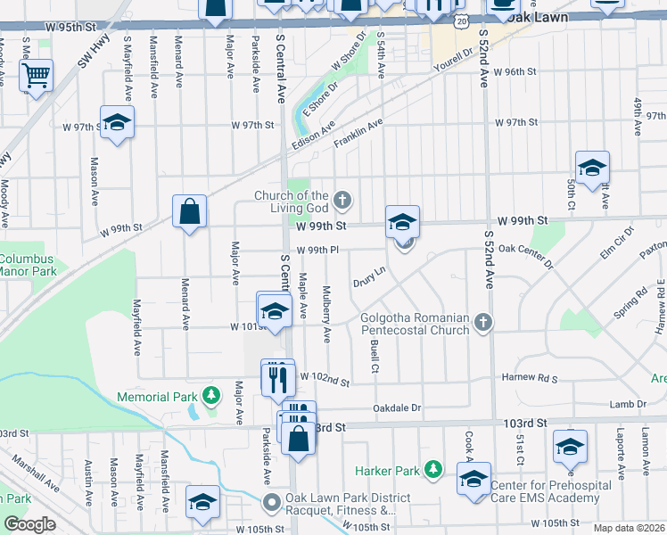 map of restaurants, bars, coffee shops, grocery stores, and more near 9948 Buell Court in Oak Lawn
