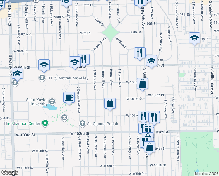 map of restaurants, bars, coffee shops, grocery stores, and more near 10034 South Homan Avenue in Evergreen Park