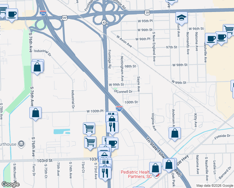 map of restaurants, bars, coffee shops, grocery stores, and more near 7117 O'Connell Drive in Chicago Ridge