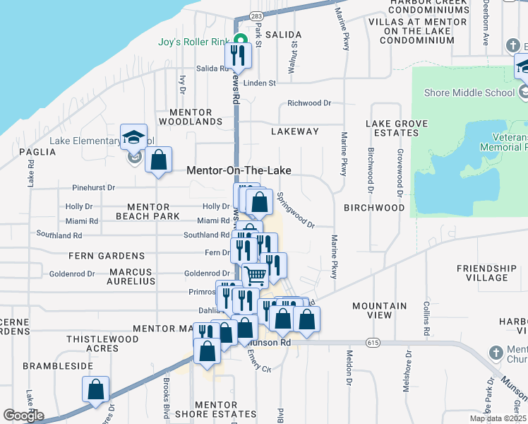 map of restaurants, bars, coffee shops, grocery stores, and more near 5887 Birch Lane in Mentor-on-the-Lake