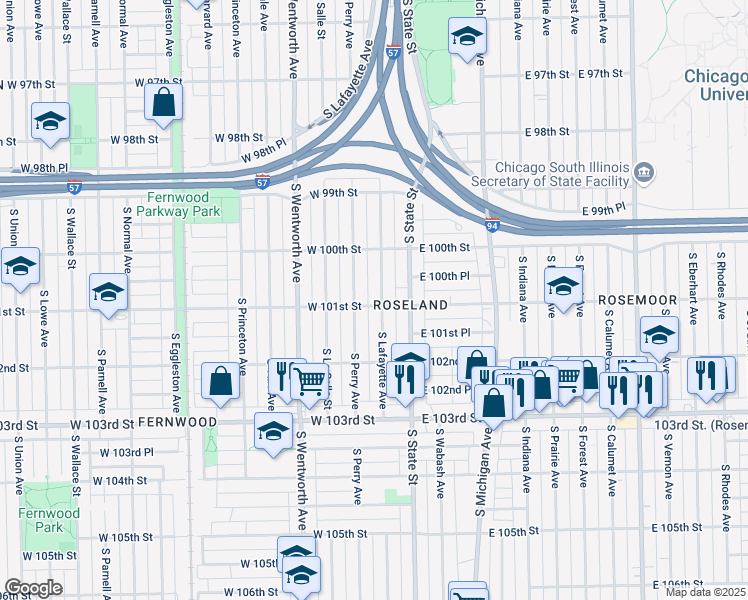 map of restaurants, bars, coffee shops, grocery stores, and more near 10107 South Perry Avenue in Chicago