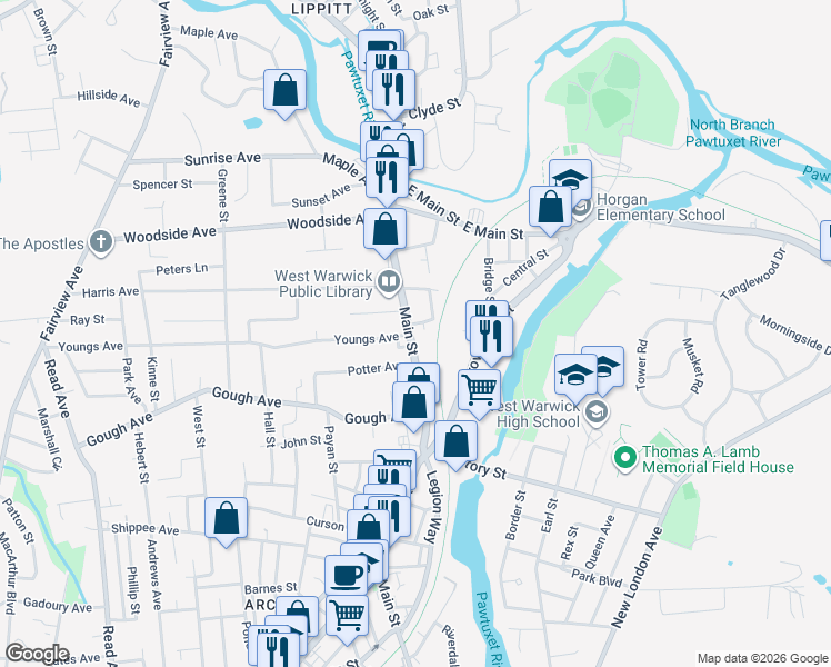 map of restaurants, bars, coffee shops, grocery stores, and more near in West Warwick