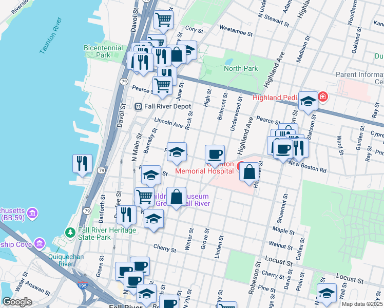 map of restaurants, bars, coffee shops, grocery stores, and more near 669 High Street in Fall River
