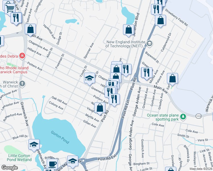 map of restaurants, bars, coffee shops, grocery stores, and more near 36 Hillard Avenue in Warwick