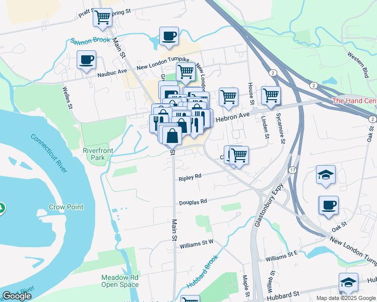 map of restaurants, bars, coffee shops, grocery stores, and more near 2 School Street in Glastonbury