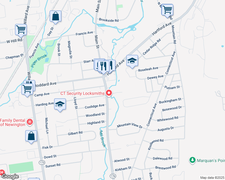 map of restaurants, bars, coffee shops, grocery stores, and more near 34 Millbrook Court in Newington