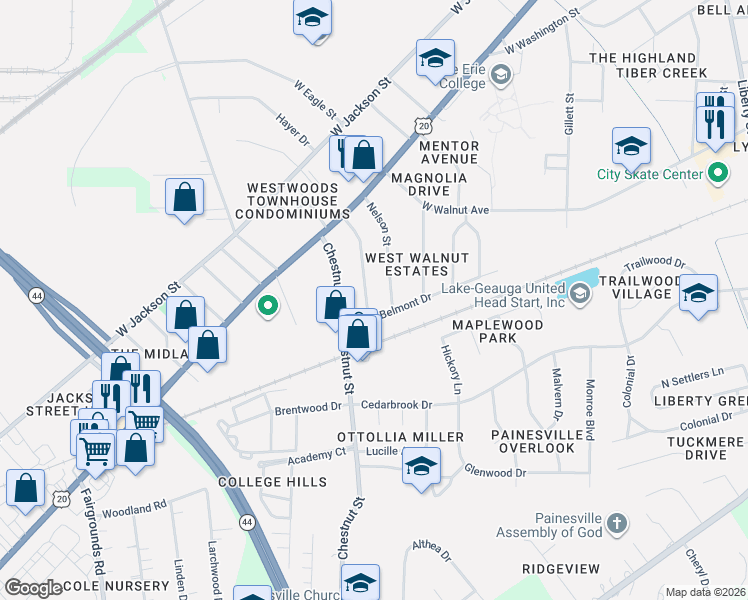 map of restaurants, bars, coffee shops, grocery stores, and more near 158 Hartshorn Drive in Painesville