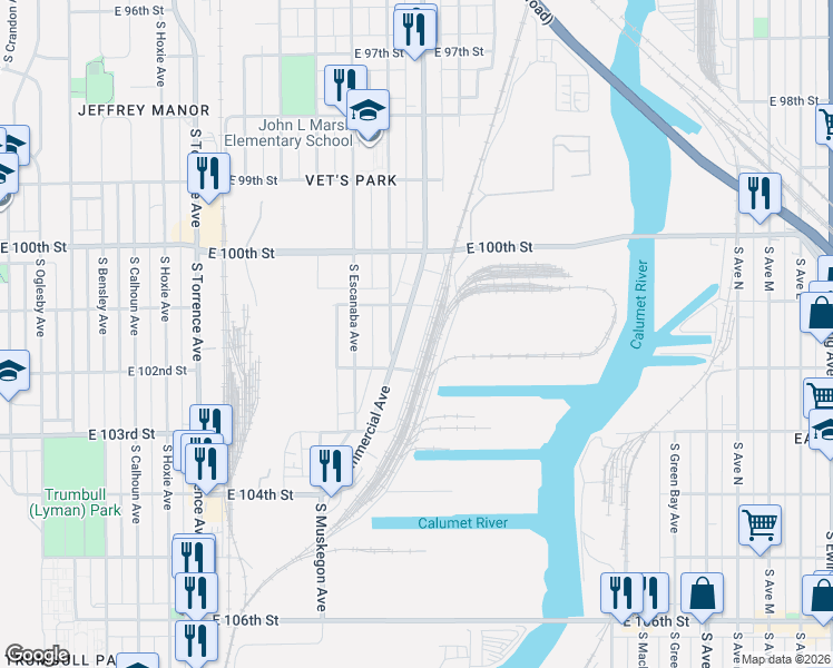 map of restaurants, bars, coffee shops, grocery stores, and more near 10143 South Commercial Avenue in Chicago