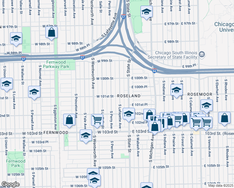 map of restaurants, bars, coffee shops, grocery stores, and more near 10107 South Perry Avenue in Chicago